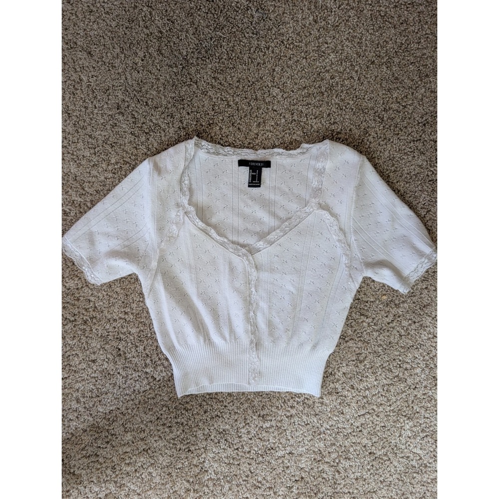 Forever 21 White Pointelle Lace Trim Cropped Cardigan Top Small Coquette Y2K
